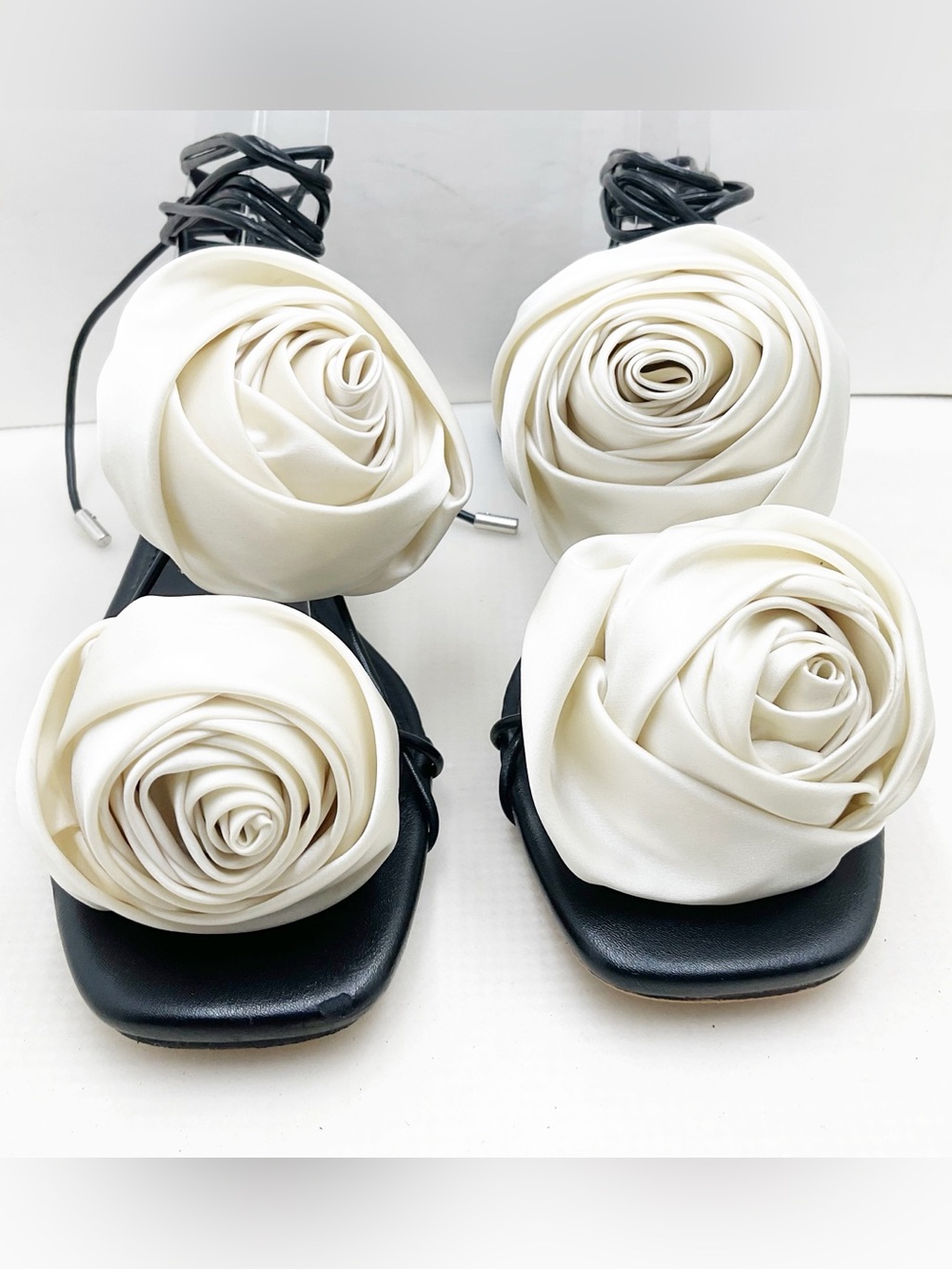 {Steve Madden} Rosalind Ivory Satin Rose Lace-Up Sandals - Picture 6 of 14